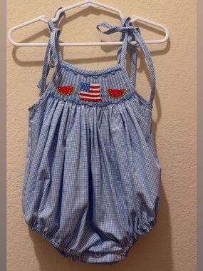 Blue Gingham Girls' Tie-Shoulder One-Piece with Flag & Watermelon Embroidery